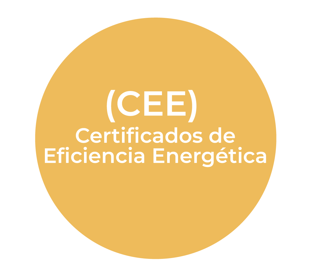 Circunferencia con el siguiente texto centrado: CEE, Certificados de Eficiencia Energética.