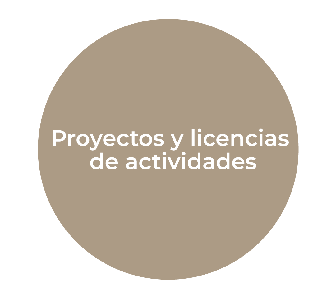 Circunferencia con el siguiente texto centrado: Proyectos y licencias de actividades.